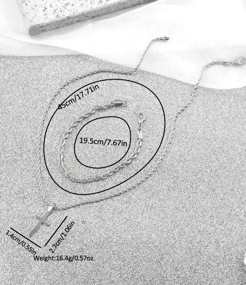 Cadena Trenzada + Pulsera + Dije Cruz Acero inoxidable