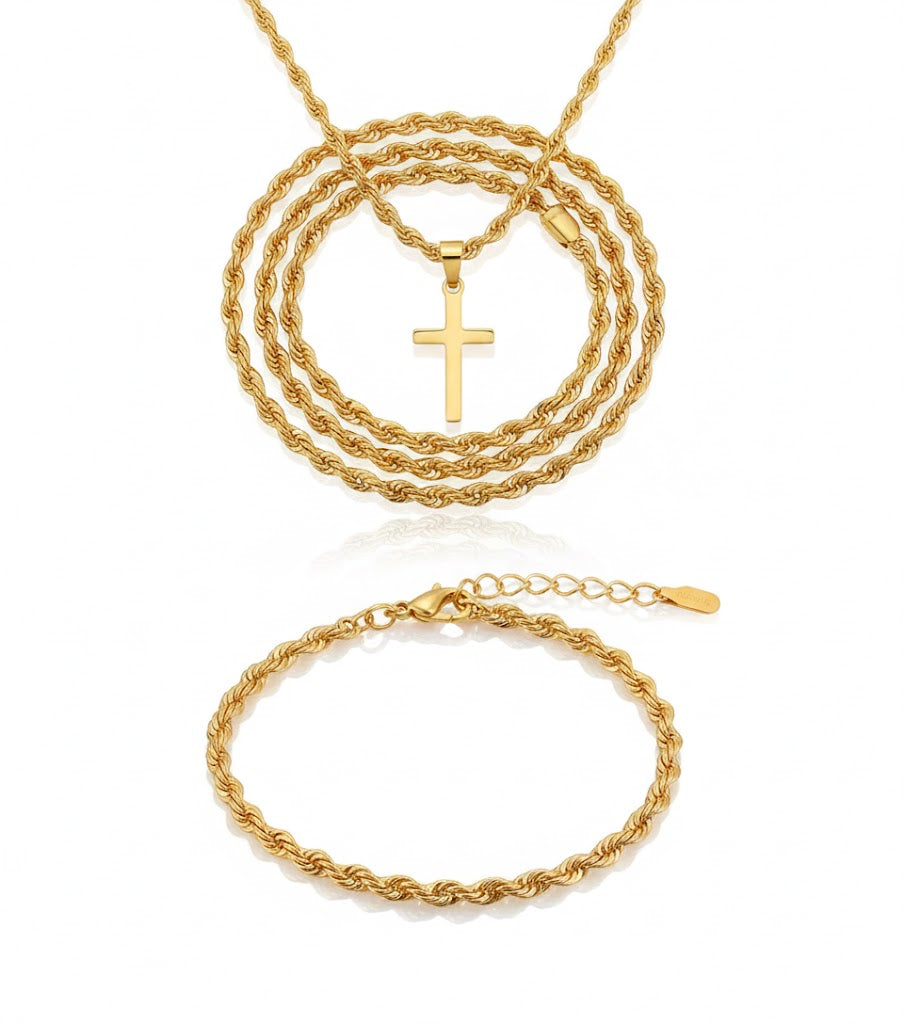 Cadena Trenzada + Pulsera + Dije Cruz Acero inoxidable