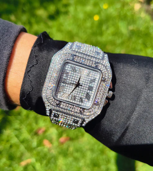 Reloj Cubano Plateado Cuadrado