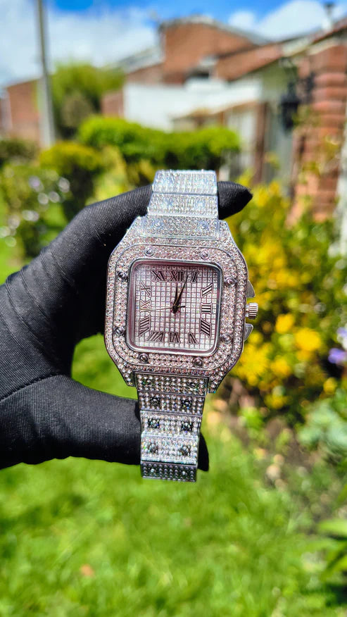 Reloj Cubano Plateado Cuadrado