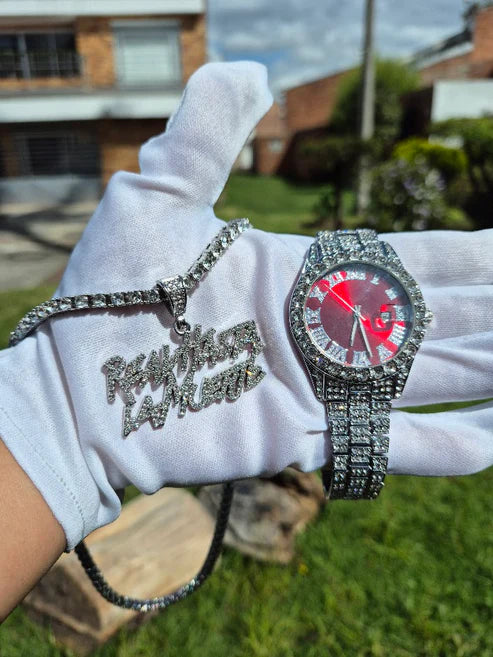 Reloj Cubano Plateado Rojo + Cadena RHLM Premium