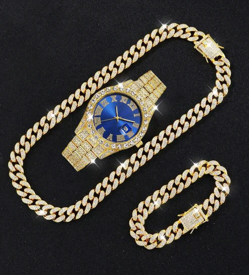 Reloj Dorado Azul + Cadena + Pulsera