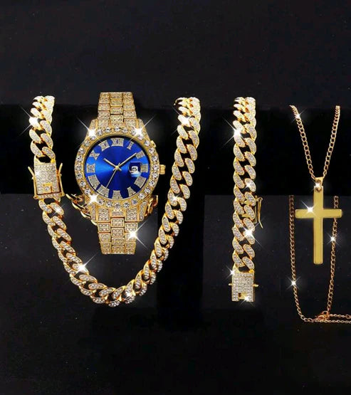 Reloj Dorado Azul + Cadena + Pulsera