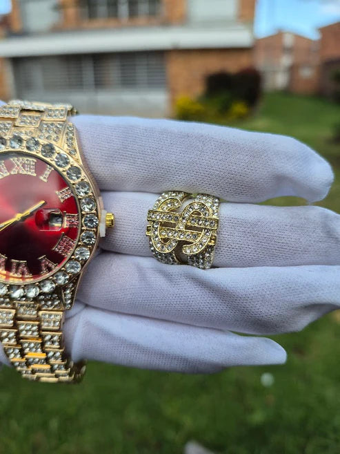 Reloj Dorado Rojo + Anillo Dinero Cubano Premium