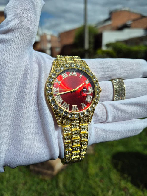 Reloj Dorado Rojo + Anillo Liso Cubano Premium