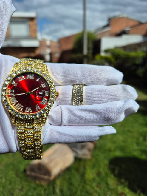 Reloj Dorado Rojo + Anillo Liso Cubano Premium