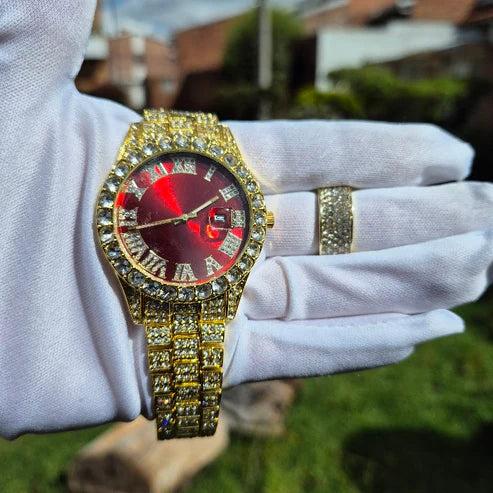 Reloj Dorado Rojo + Anillo Liso Cubano Premium