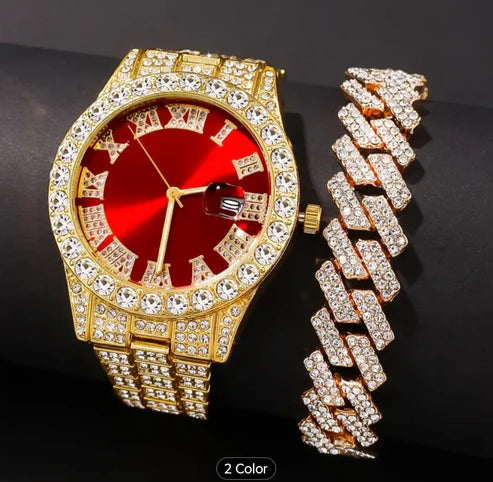 Reloj Dorado Rojo + Pulsera Cubana Trenzada
