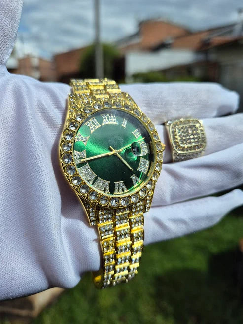 Reloj Dorado Verde+ Anillo Medalla Cubano Premium