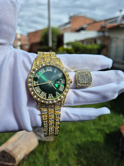 Reloj Dorado Verde+ Anillo Medalla Cubano Premium