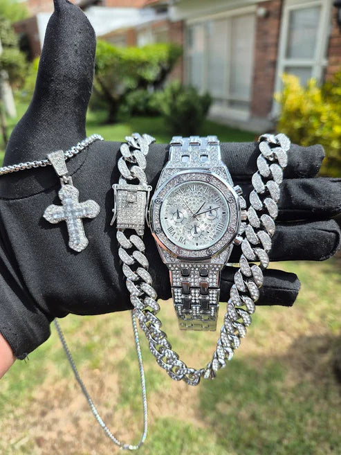 Reloj Hexagonal + Cadena Cubana 50cm + Dije Cubano Cruz