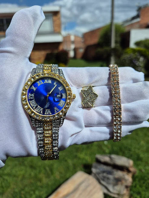 Reloj Imperial Azul + Anillo Estrella + Pulsera Elastica