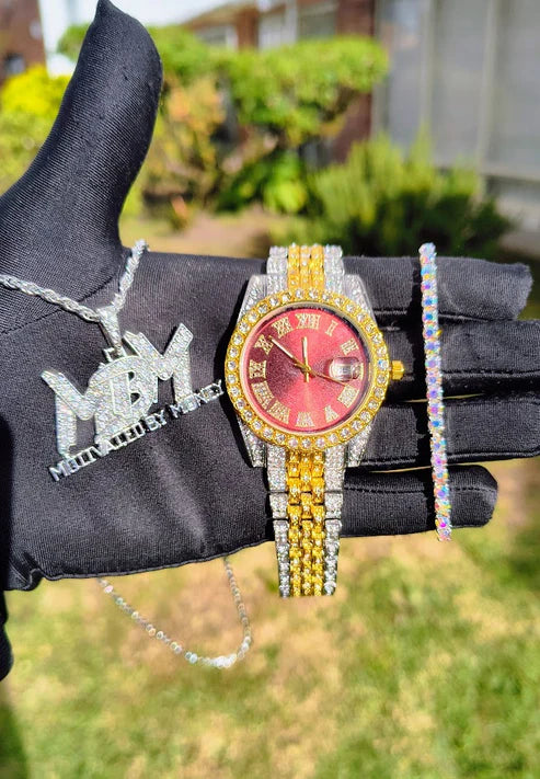 Reloj Imperial Rojo + Dije MBM + Pulsera Tenis