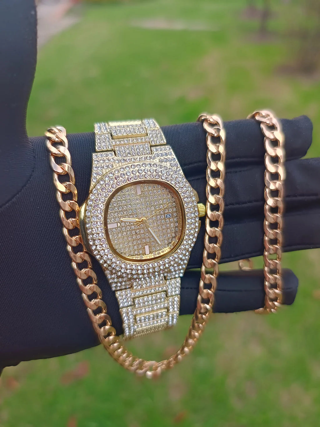 Reloj Ovalado + Cadena 55cm + Pulsera 20 cm Doradas Acero inoxidable