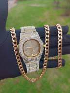 Reloj Ovalado + Cadena 55cm + Pulsera 20 cm Doradas Acero inoxidable