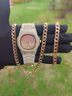 Reloj Ovalado + Cadena 55cm + Pulsera 20 cm Doradas Acero inoxidable