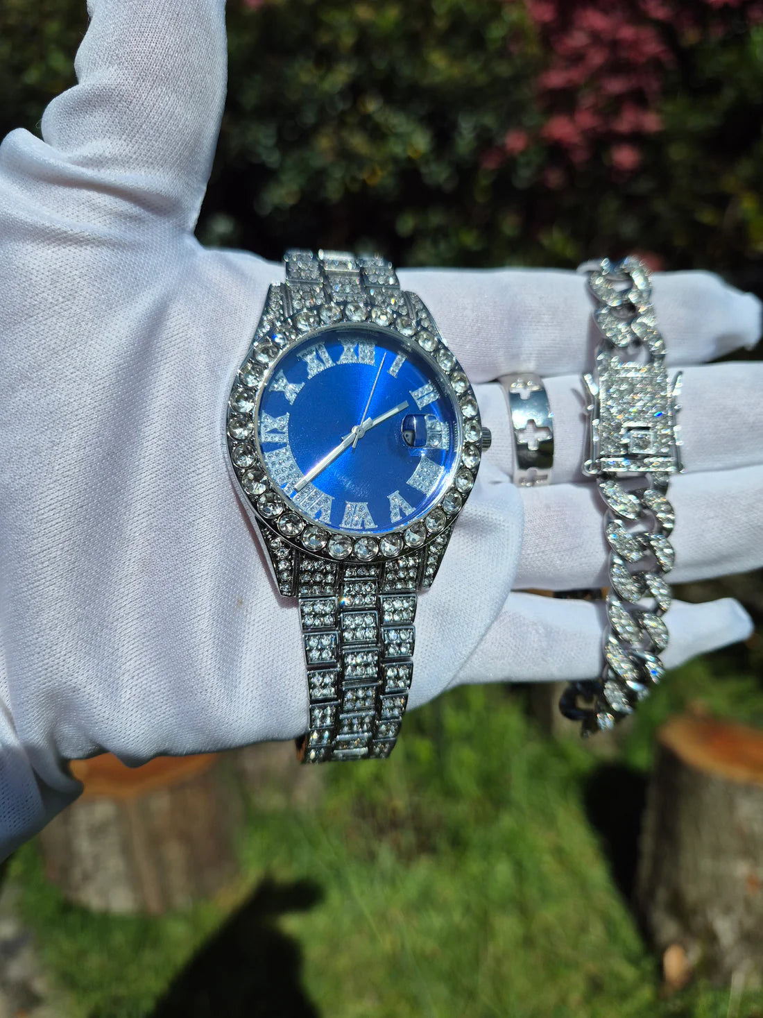 Reloj Plateado Azul + Pulsera Cubana + Anillo Diseño Cruz