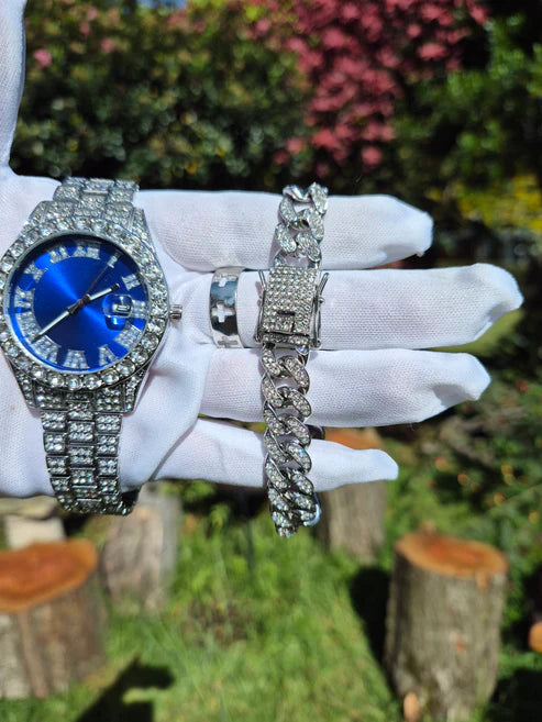 Reloj Plateado Azul + Pulsera Cubana + Anillo Diseño Cruz