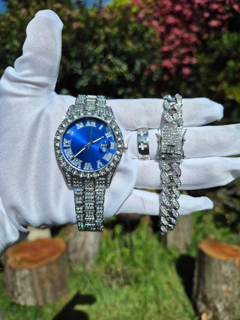 Reloj Plateado Azul + Pulsera Cubana + Anillo Diseño Cruz