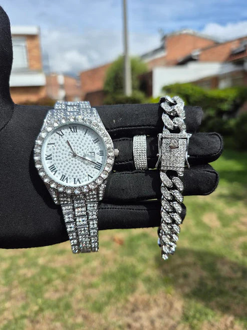 Reloj Plateado Blanco + Pulsera Cubana + Anillo