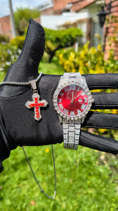 Reloj Plateado con Fondo Rojo + Dije Cruz Roja