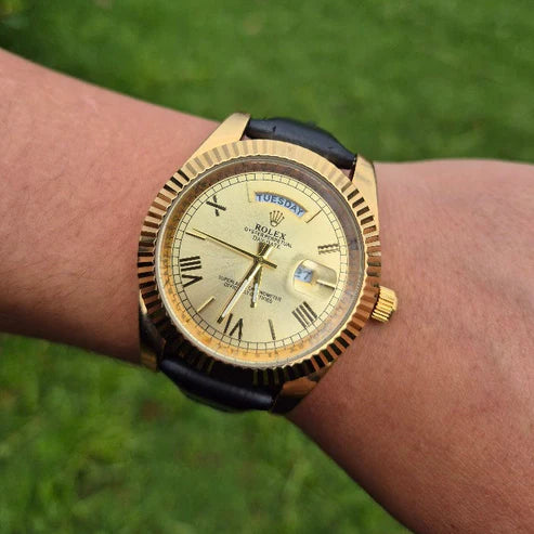 Reloj Rolex Cuero Day Date Dorado + Caja Rolex GRATIS