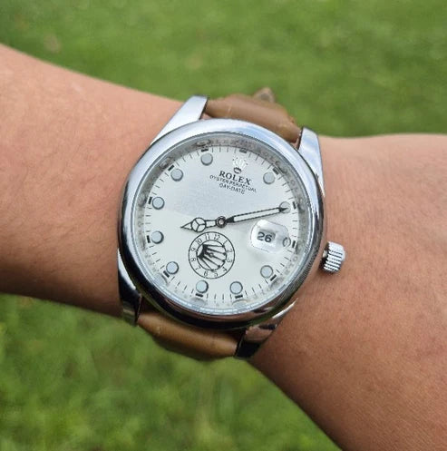 Reloj Rolex Cuero Day Date (Cafe-Plateado) + Caja Rolex GRATIS