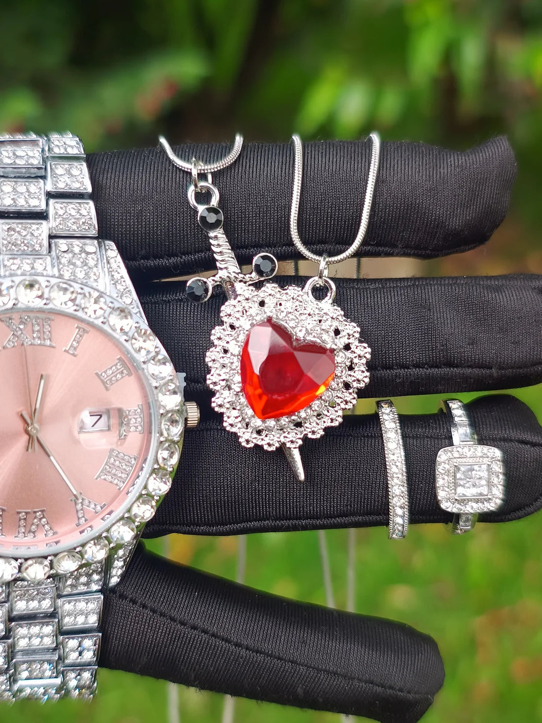 (Reloj Rosado + Collares de Pareja + Anillos Cubanos Pareja