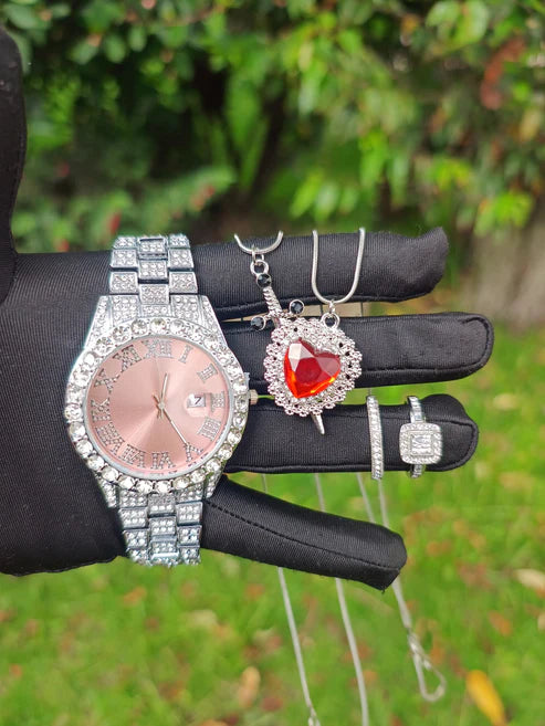 (Reloj Rosado + Collares de Pareja + Anillos Cubanos Pareja