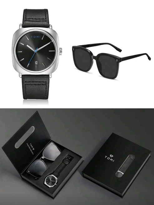 Reloj Tomi Negro + Gafas De Sol + Estuche De Lujo