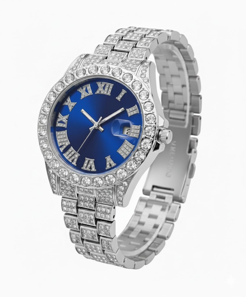 Reloj Plateado con Fondo Azul