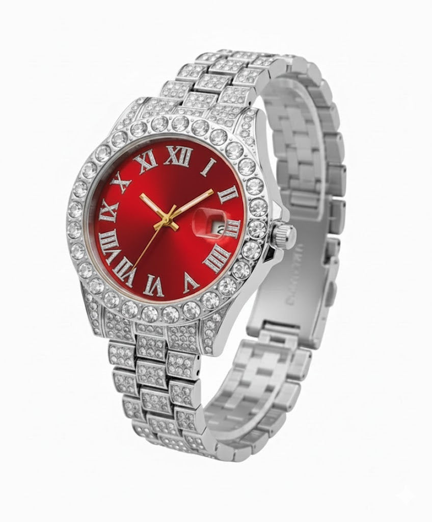 Reloj Plateado con Fondo Rojo