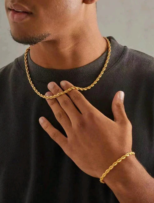 Set Cadena y Pulsera Trenzadas Doradas Acero inoxidable